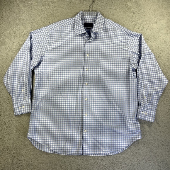 David Donahue Shirt Mens 18 34/35 Blue White Check Dress Long Sleeve Button Up - Picture 1 of 7